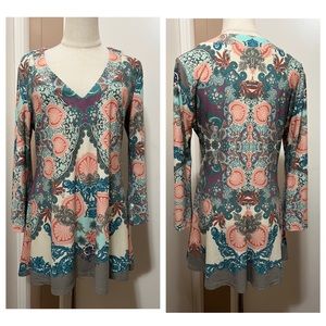 Boston Proper Colorful Paisley Print Bell Sleeve Top Blouse Sz M V Neck